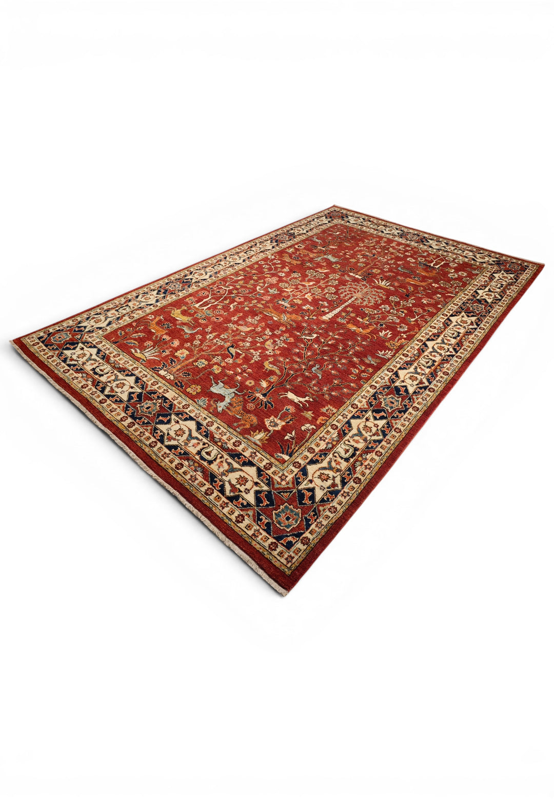 Red Shikargah Paradise Ghazni, Hand-Knotted Afghan Wool Rug