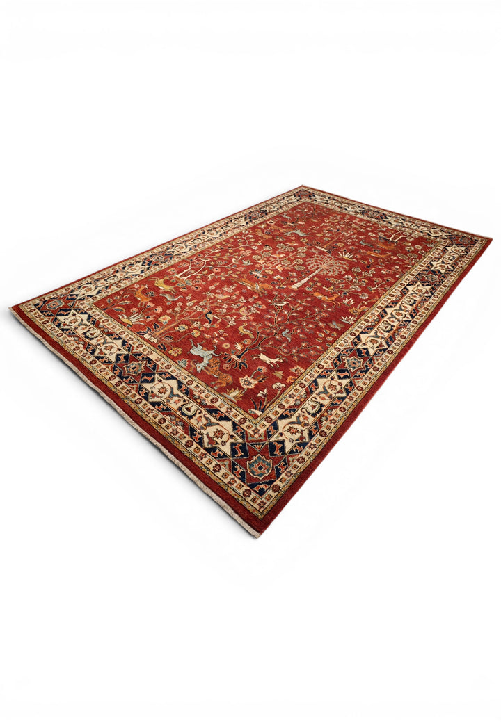 Red Shikargah Paradise Ghazni, Hand-Knotted Afghan Wool Rug