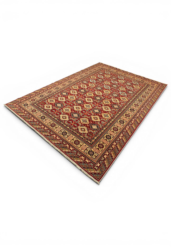 Red Shirvan Gül Lattice Rug, Hand-Knotted Afghani Sherwan