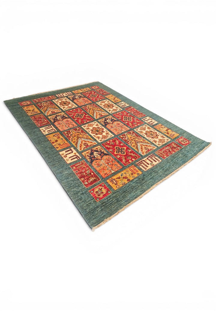 Teal Bakhtiari Garden Panel Ghazni, Hand-Knotted Afghan Wool Rug