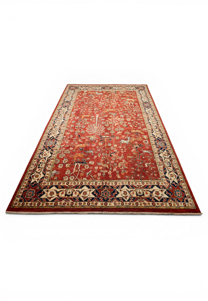 Red Shikargah Paradise Ghazni, Hand-Knotted Afghan Wool Rug