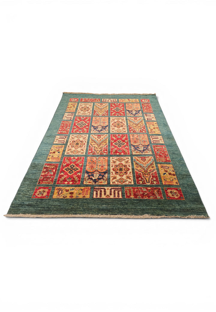 Teal Bakhtiari Garden Panel Ghazni, Hand-Knotted Afghan Wool Rug