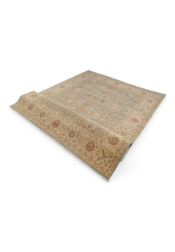 Pale Sage and Sandstone Floral Ghazni, Hand-Knotted Wool Rug