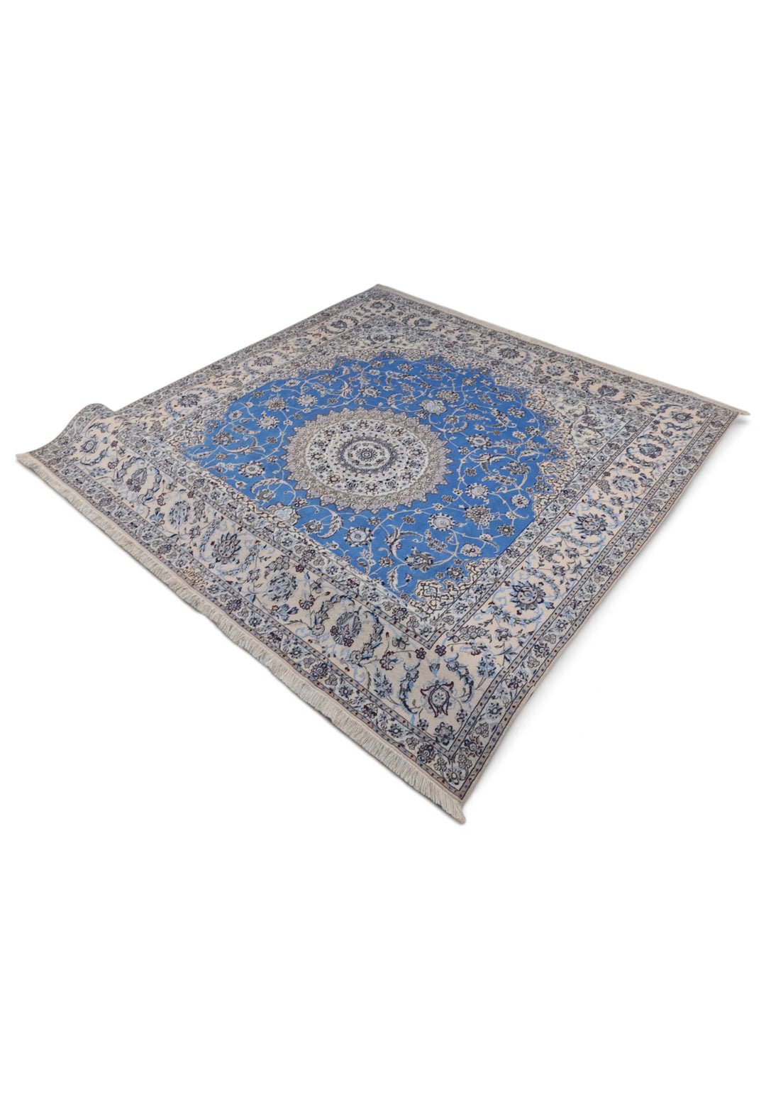 Blue and Ivory Gonbad Dome Nain, Hand-Knotted Wool Rug