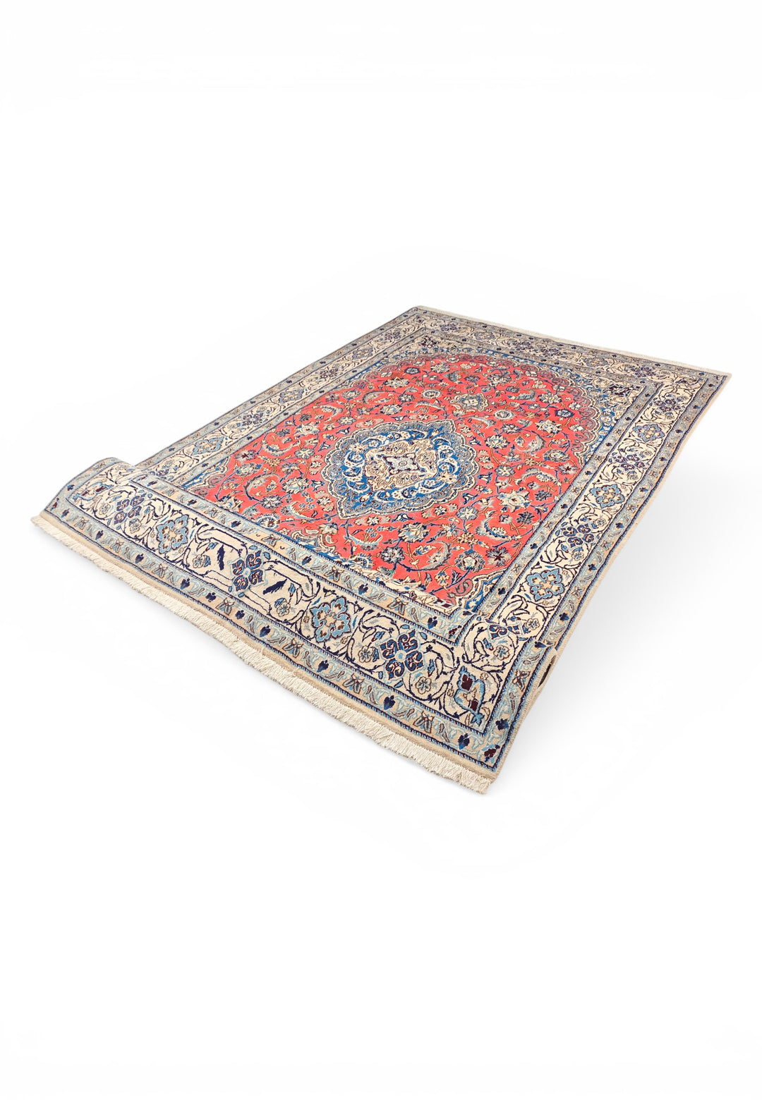 Coral Medallion Persian Nain, Hand-Knotted Wool Rug