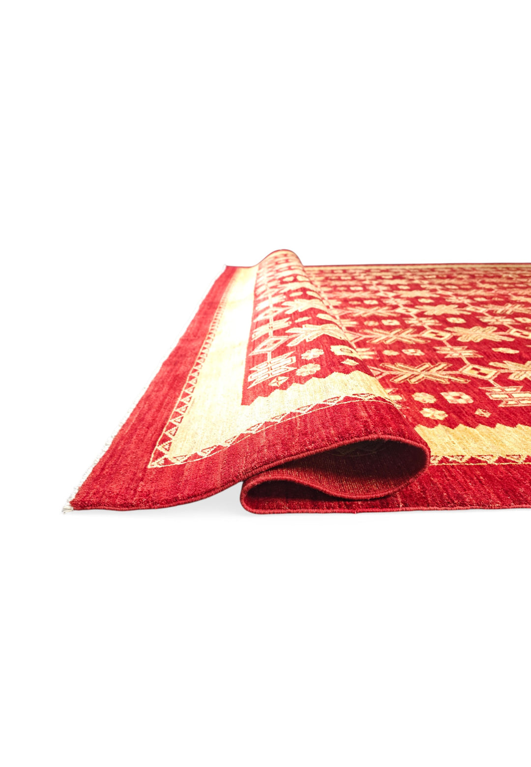 Bright Red and Wheat Gold Lattice Ghazni, Hand-Knotted Wool Rug