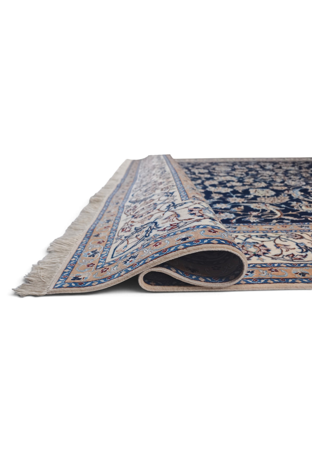 Navy and Ivory All-Over Arabesque Nain, Hand-Knotted Wool Rug