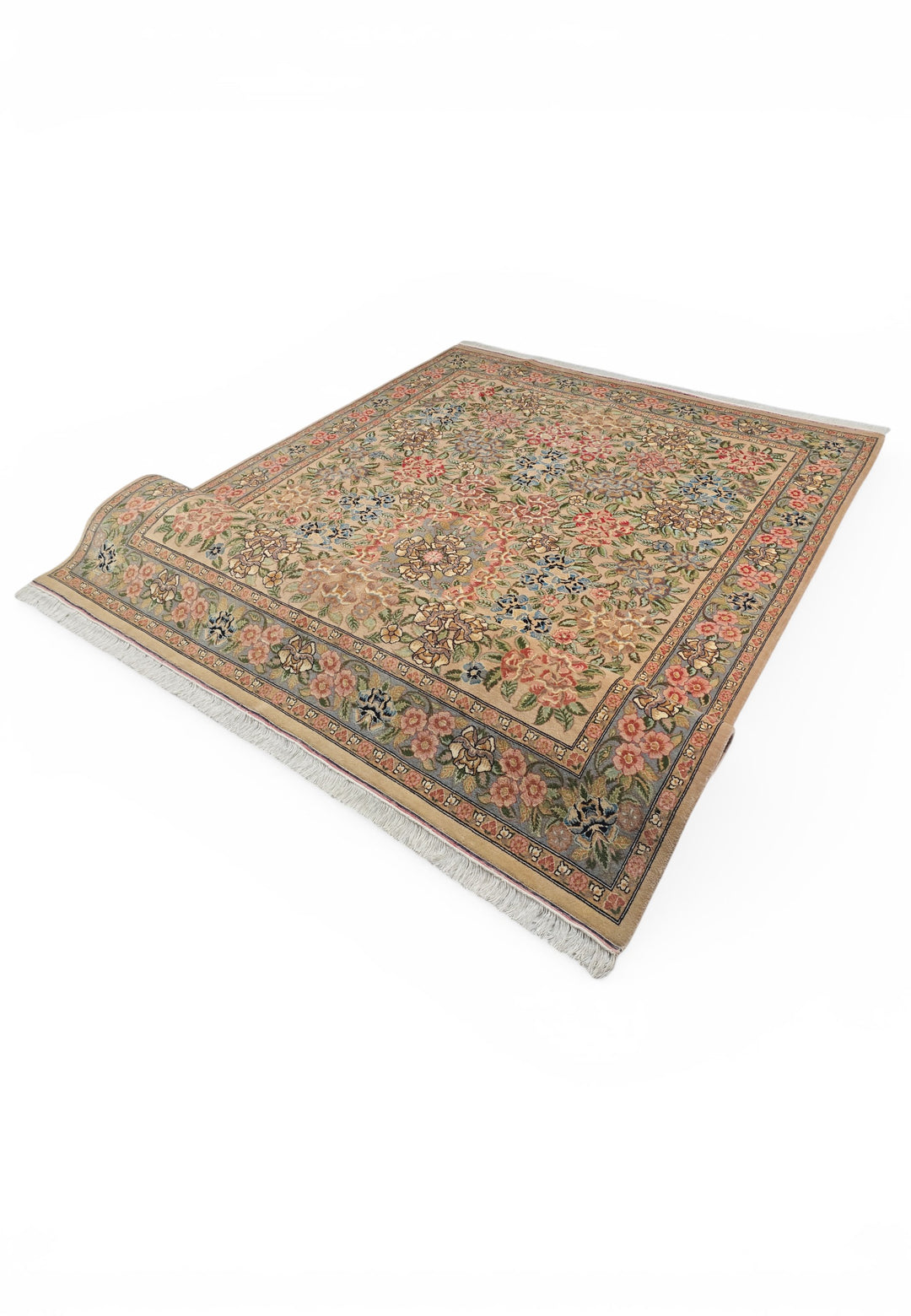 Camel and Pink Rose Floral, Hand-Knotted Wool Rug