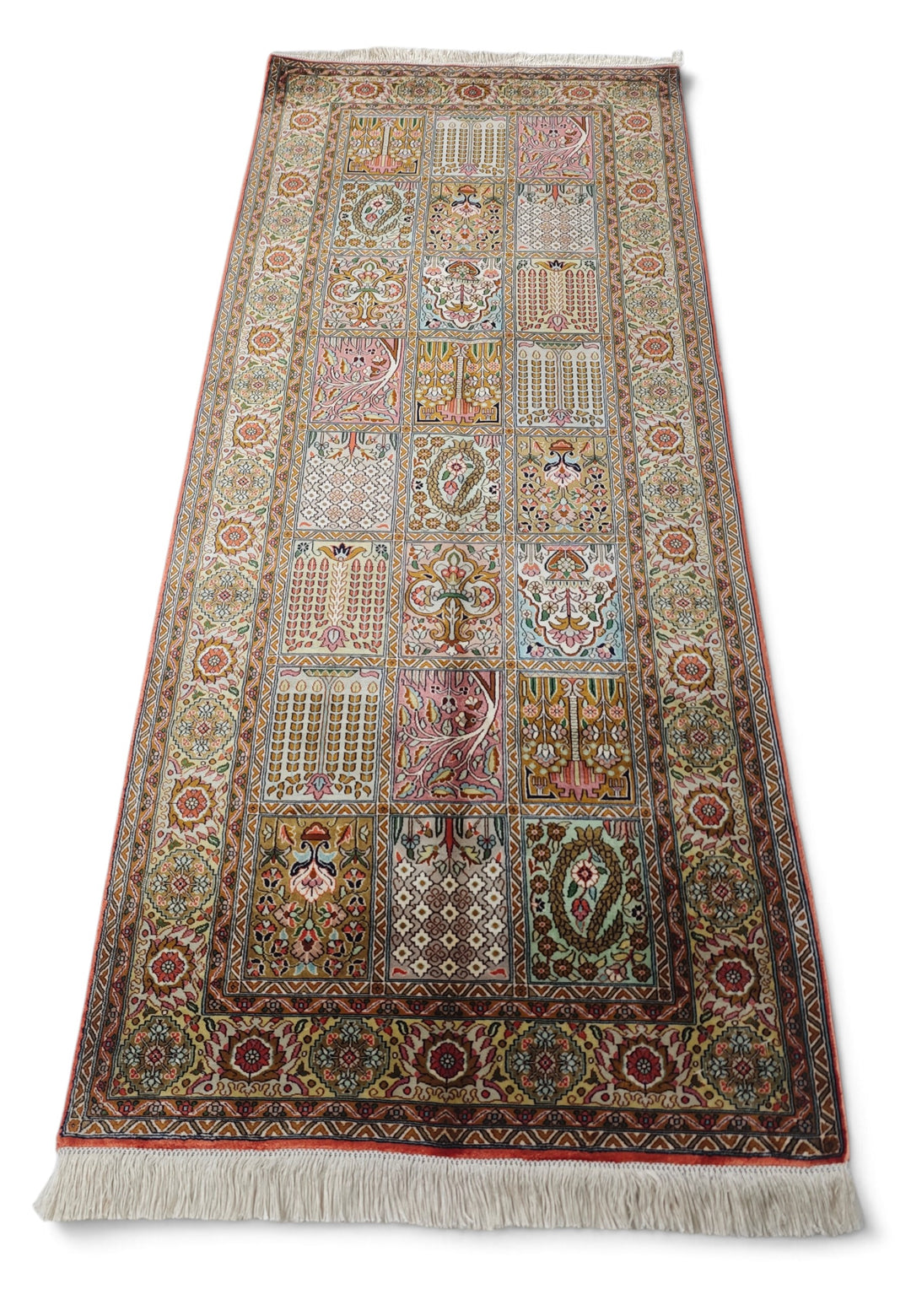 Taupe and Cream Khesti Garden Panel, Hand-Knotted Silk Rug
