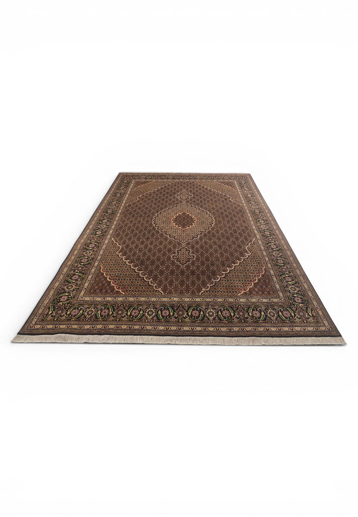 Brown Mahi Medallion Persian Tabriz, Hand-Knotted Wool Rug