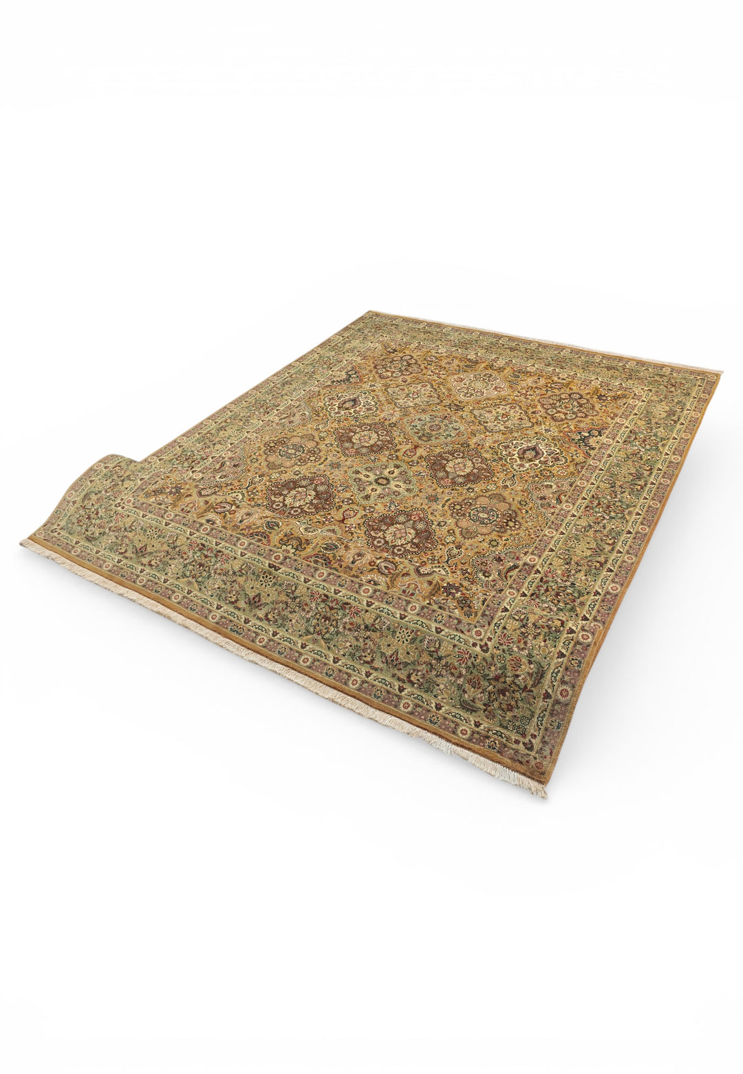 Gold and Sage Repeating Floral, Hand-Knotted Wool Rug