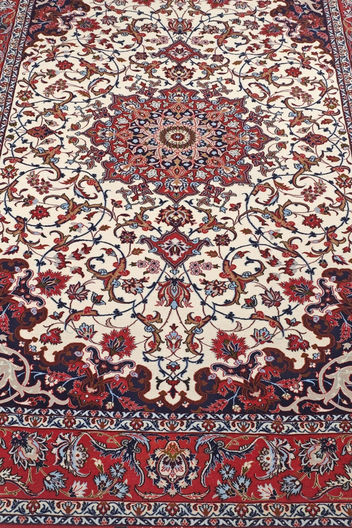 Ivory and Red Star Medallion Sirafian Isfahan, Hand-Knotted Wool Rug