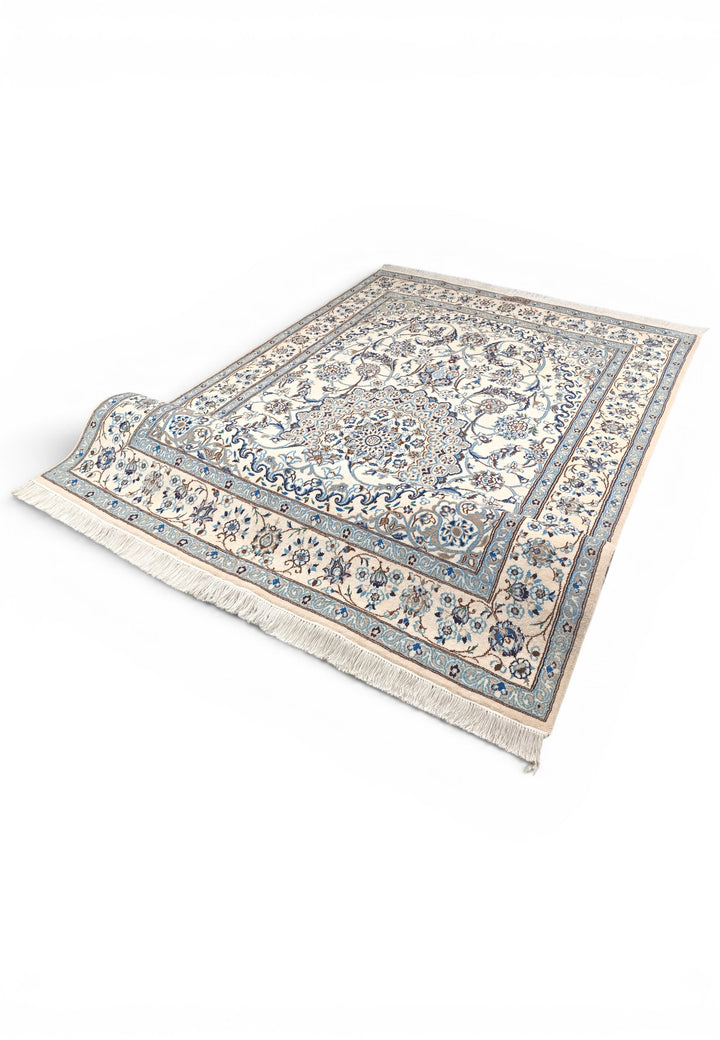 Ivory &amp; Blue Medallion Persian Nain, Hand-Knotted Wool Rug
