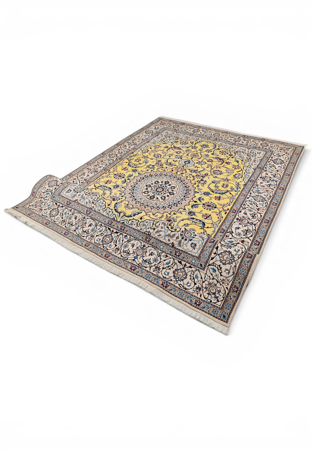 Saffron-Yellow Medallion Persian Nain, Hand-Knotted Wool Rug