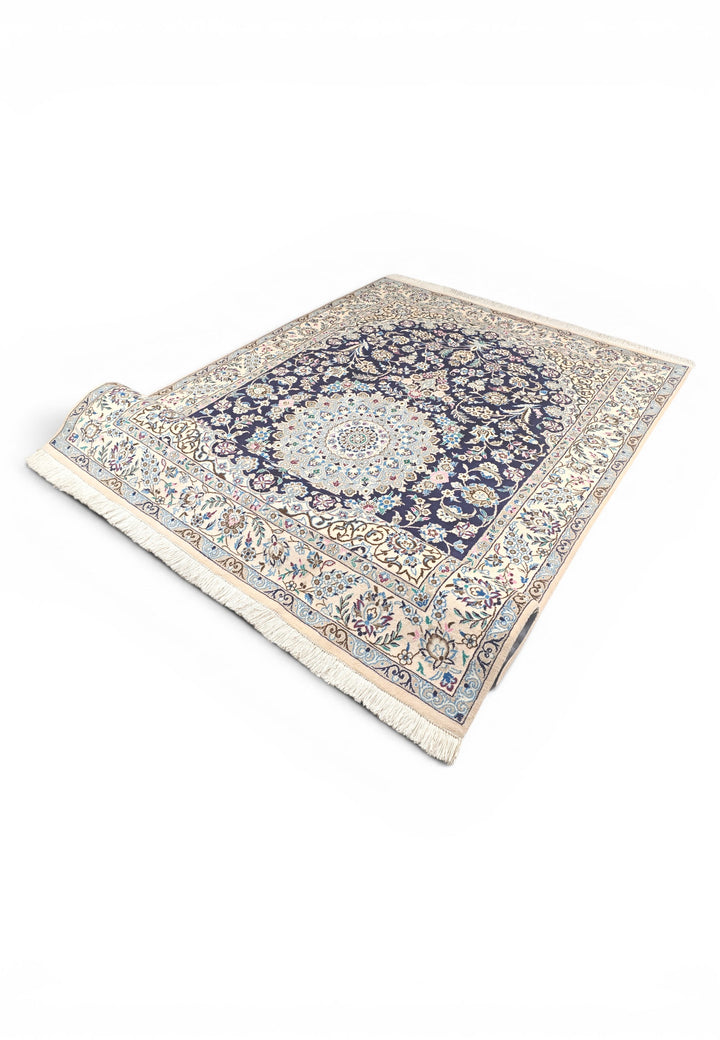 Royal-Blue Medallion Persian Nain, Hand-Knotted Wool Rug