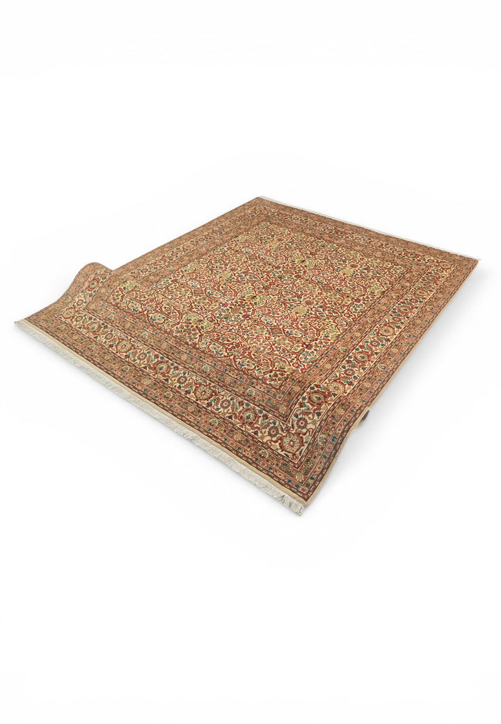 Cream and Red Floral Lattice, Hand-Knotted Wool Rug