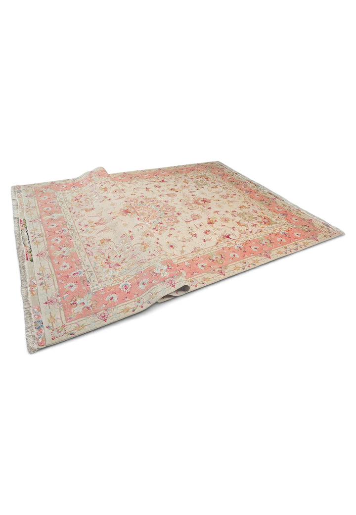 Cream and Coral Medallion Tabriz, Hand-Knotted Wool Rug