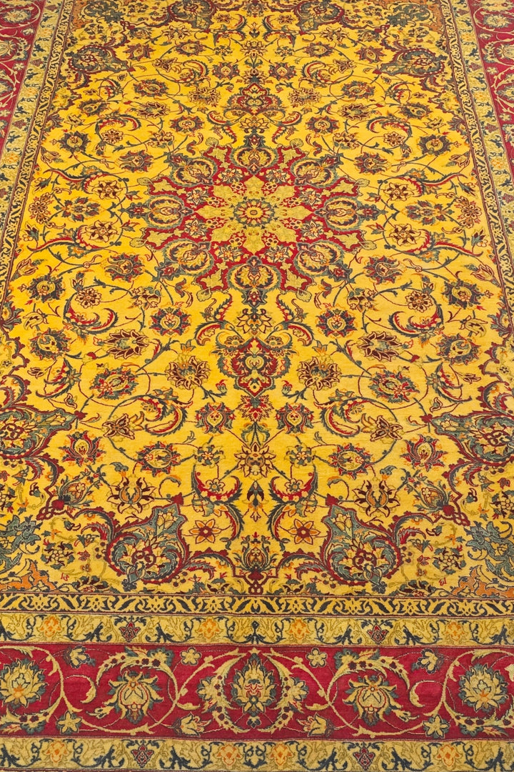 Gold and Crimson Star Medallion Isfahan, Hand-Knotted Wool Rug