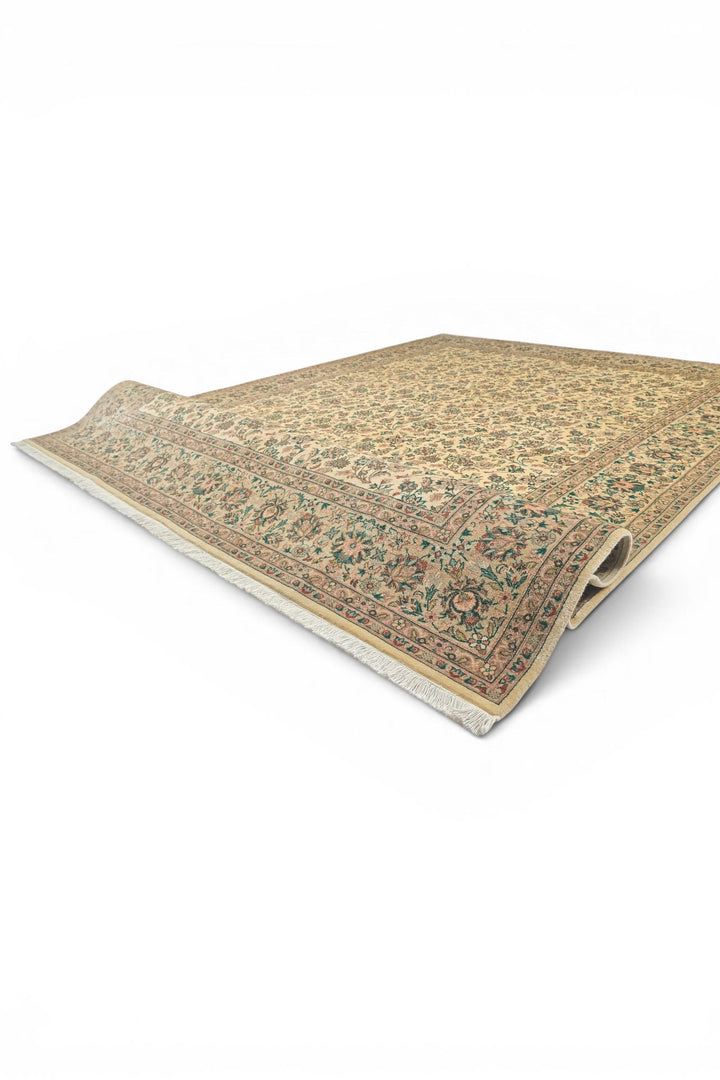 Cream and Green Floral Vine, Hand-Knotted Pakistani Wool Rug