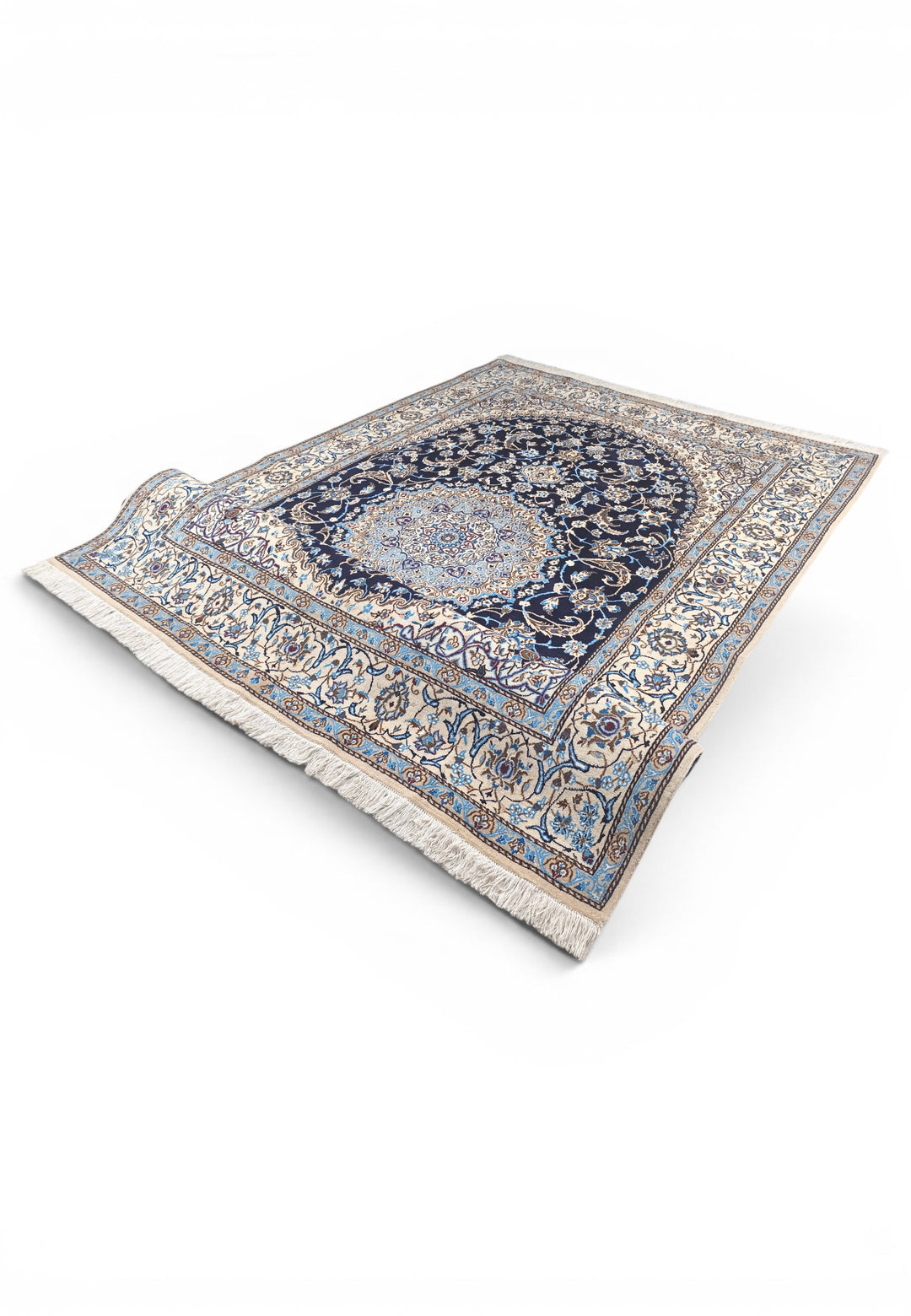 Navy &amp; Ivory Medallion Persian Nain, Hand-Knotted Wool Rug