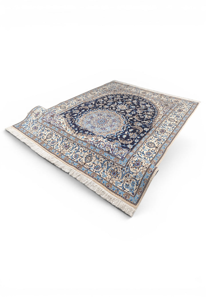Navy &amp; Ivory Medallion Persian Nain, Hand-Knotted Wool Rug