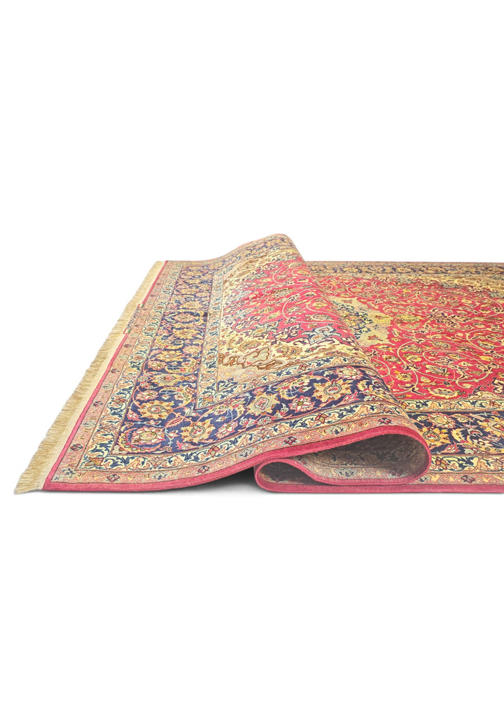 Crimson and Gold Medallion Sirafian Isfahan, Hand-Knotted Wool Rug