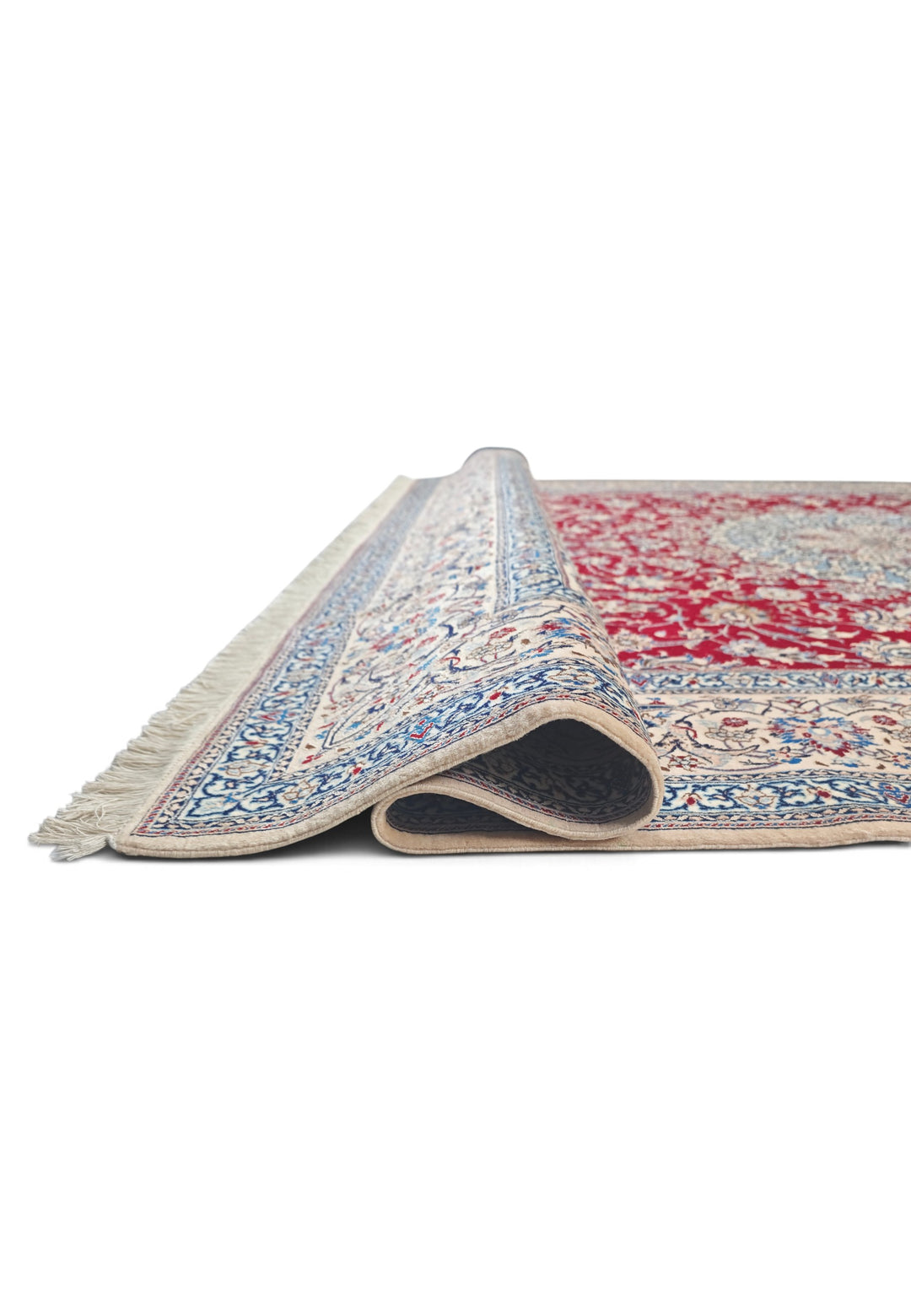 Red and Cream Medallion Nain Shesh La, Hand-Knotted Wool Rug