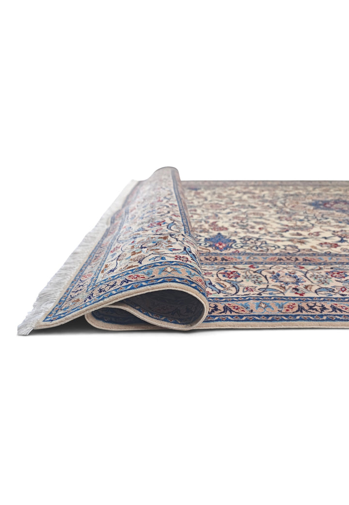 Ivory and Blue Star Medallion Nain, Hand-Knotted Wool Rug