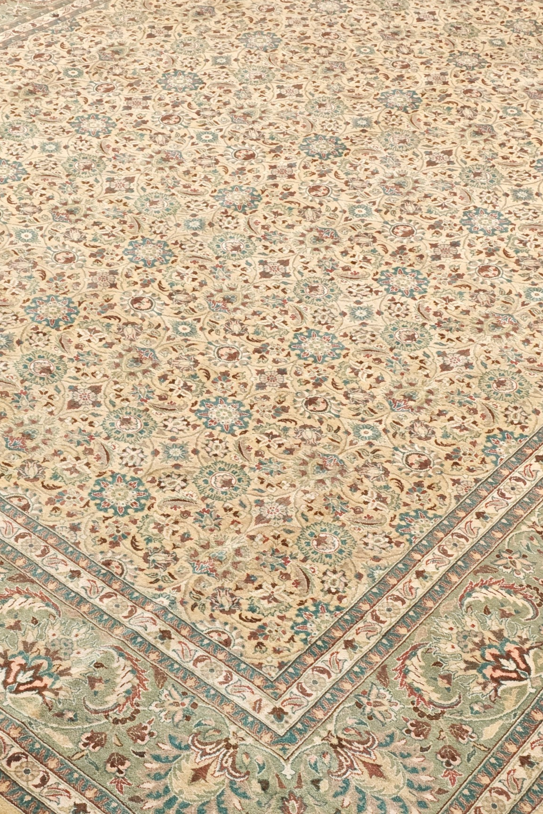 Wheat and Sage Hereke Floral, Hand-Knotted Wool Rug
