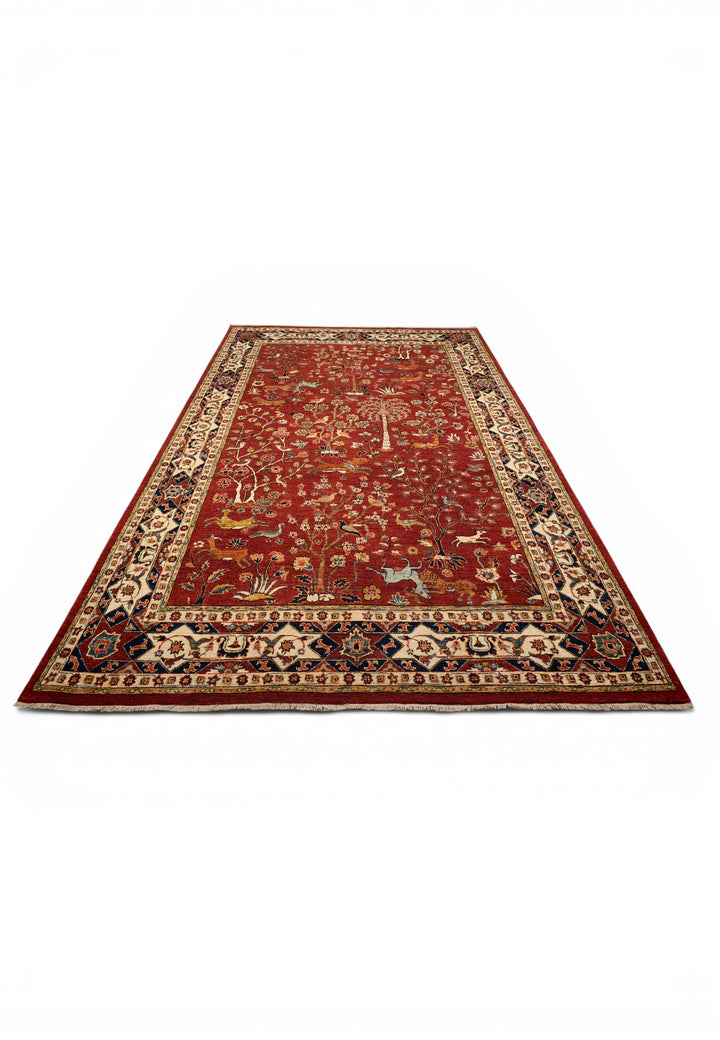 Red Shikargah Paradise Ghazni, Hand-Knotted Afghan Wool Rug