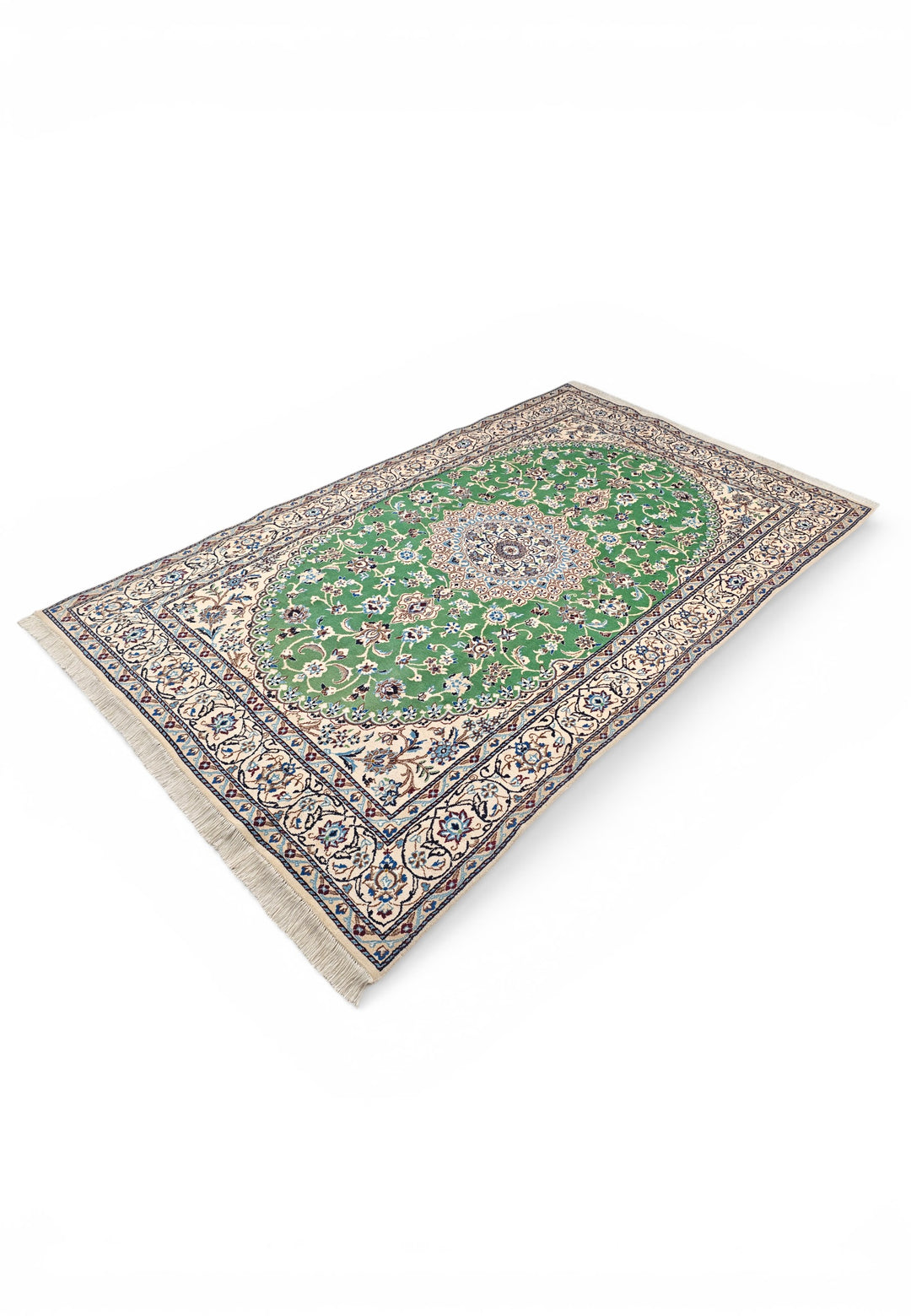Pistachio-Green Medallion Persian Nain, Hand-Knotted Wool Rug