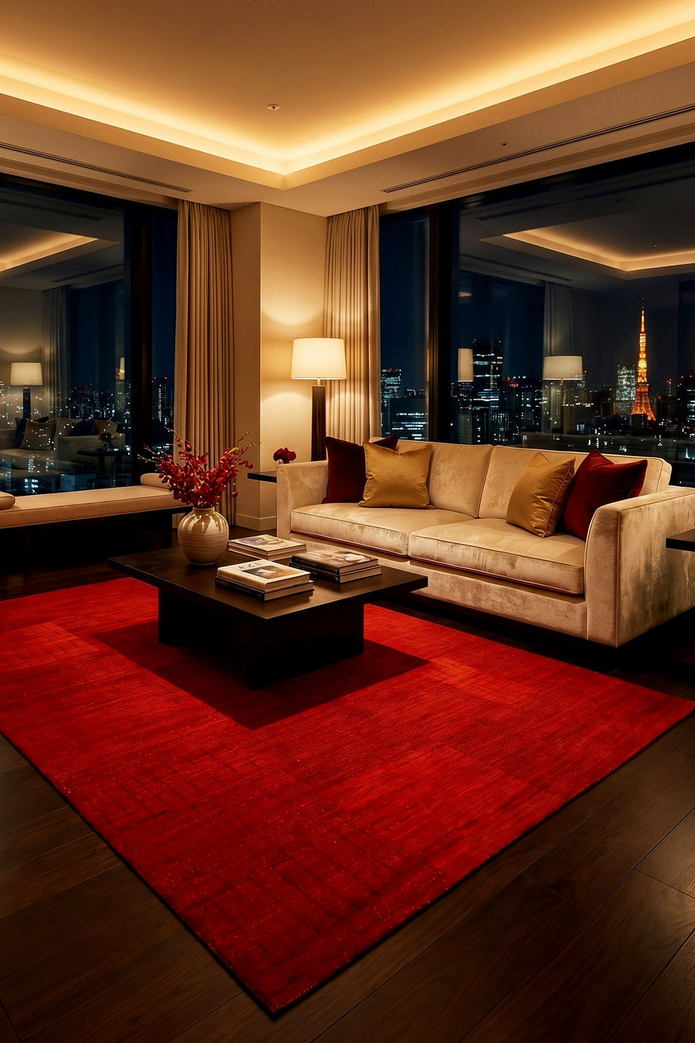 Luxurious living room with a red rug, beige sofa, and cityscape view.