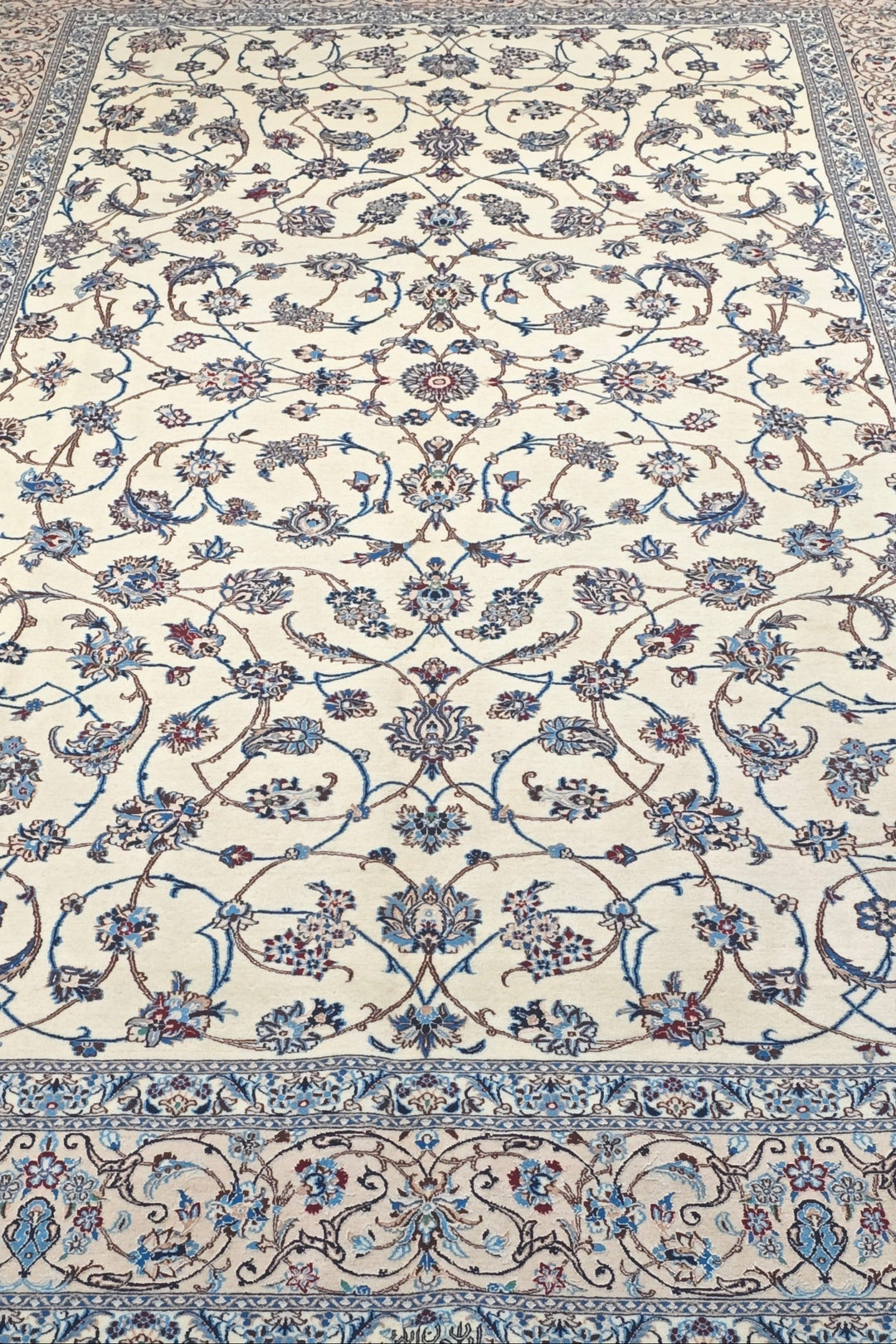 Ivory and Blue All-Over Arabesque Nain, Hand-Knotted Wool Rug