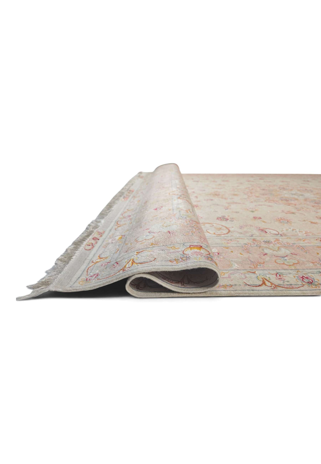 Ivory and Peach Scrolling Leaf Medallion Tabriz, Hand-Knotted Wool Rug