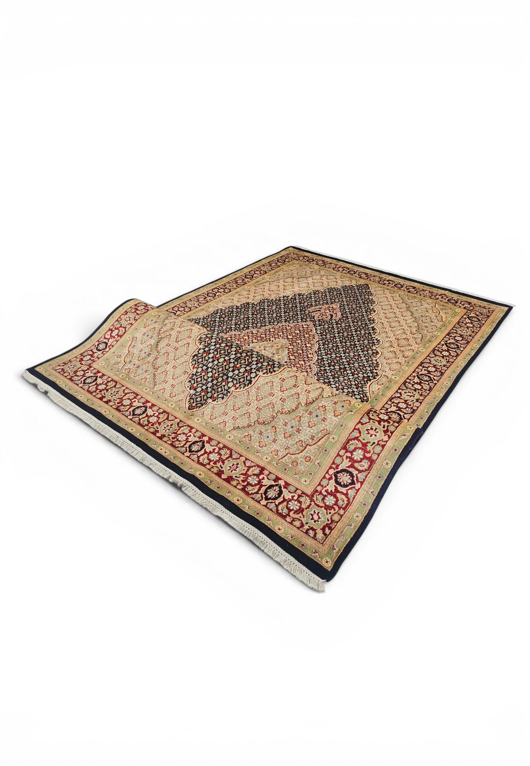 Navy and Cream Tabriz Mahi, Hand-Knotted Pakistani Wool and Silk Rug