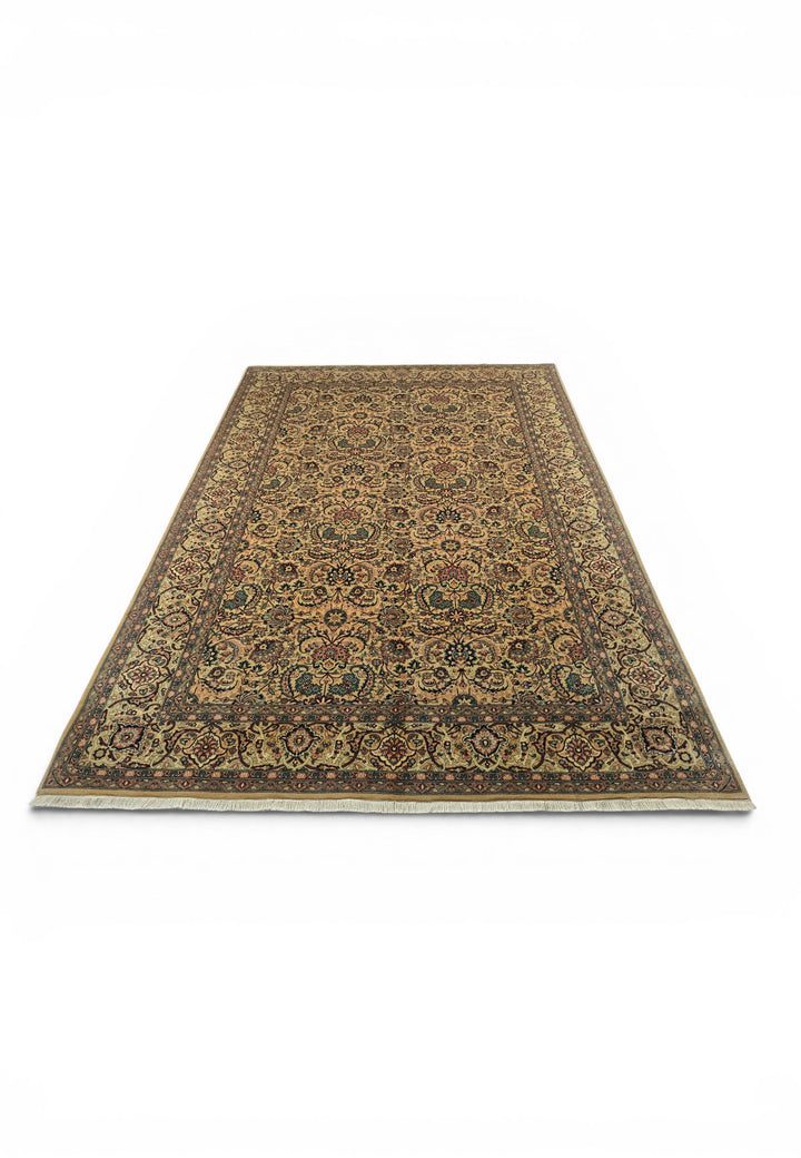Gold and Teal Floral Vine, Hand-Knotted Wool Rug