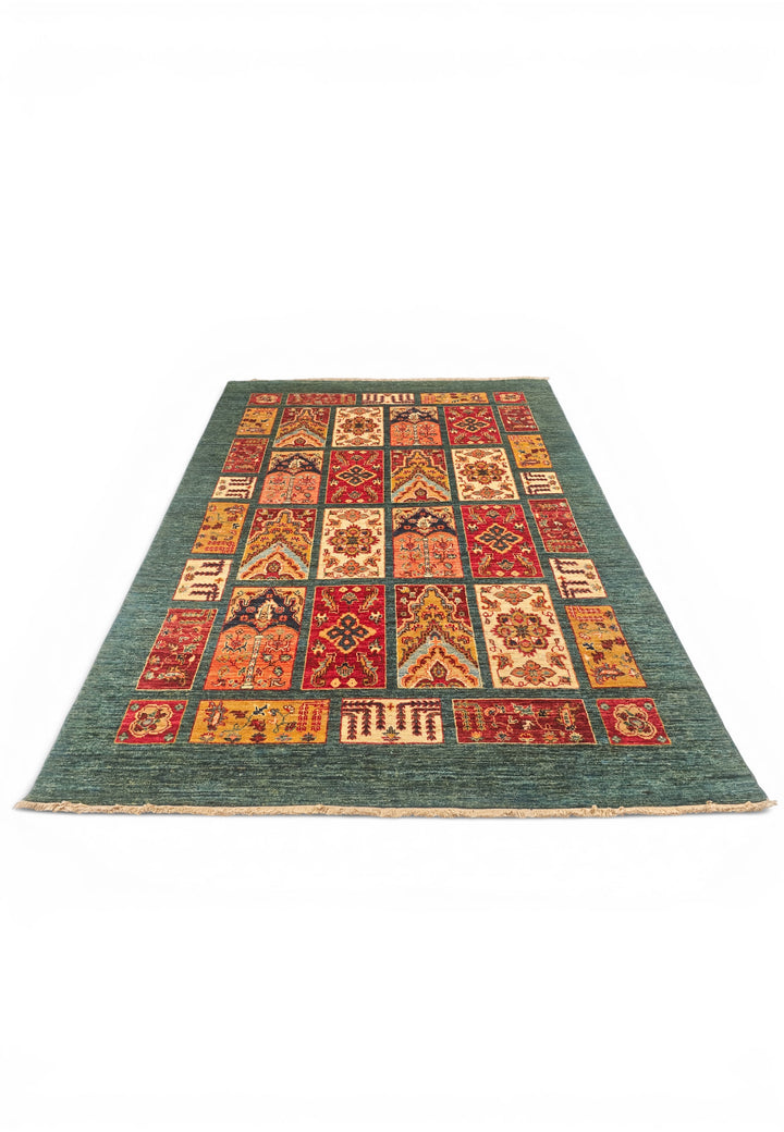 Teal Bakhtiari Garden Panel Ghazni, Hand-Knotted Afghan Wool Rug