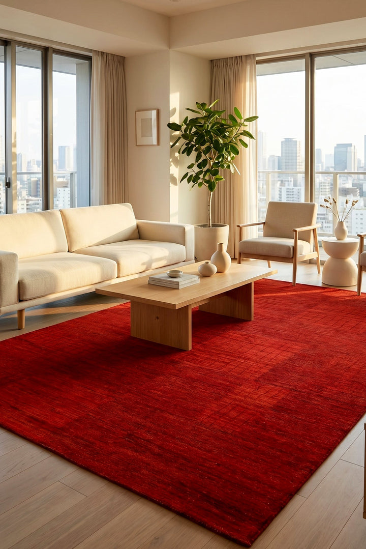 Modern living room with a red rug, beige sofa, and cityscape view.