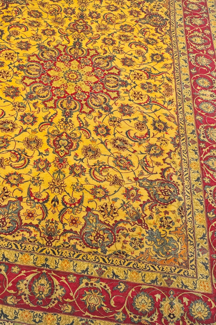 Gold and Crimson Star Medallion Isfahan, Hand-Knotted Wool Rug