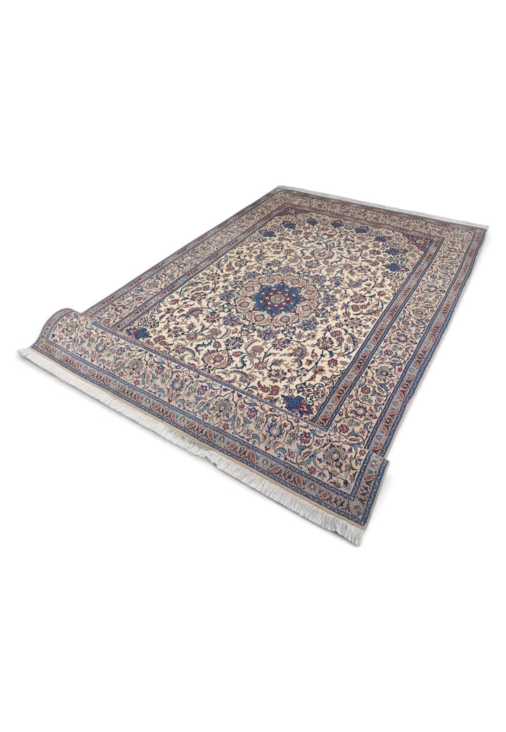 Ivory and Blue Star Medallion Nain, Hand-Knotted Wool Rug