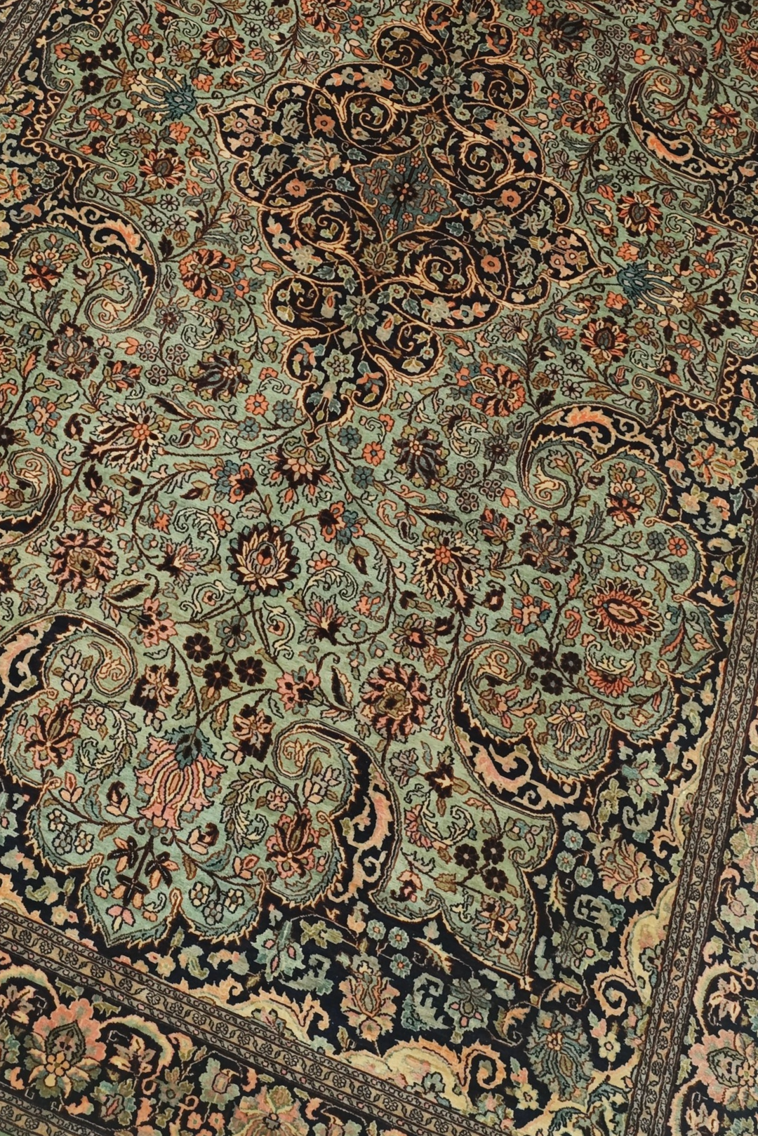 Sage Green and Black Arabesque Medallion, Hand-Knotted Silk Rug
