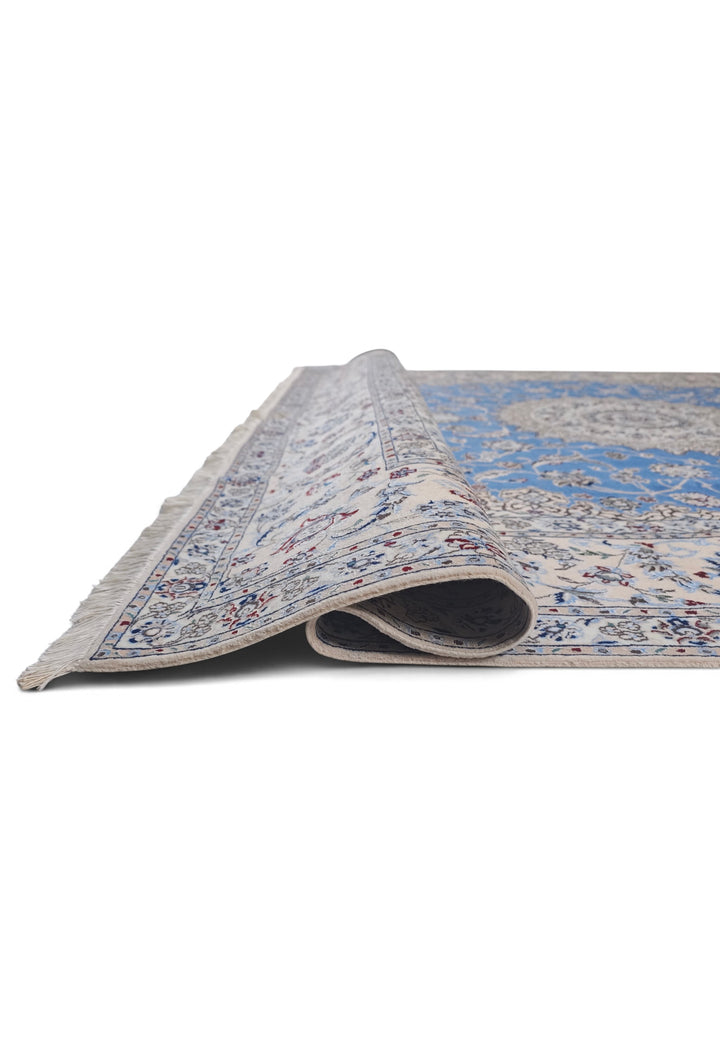 Blue and Ivory Gonbad Dome Nain, Hand-Knotted Wool Rug