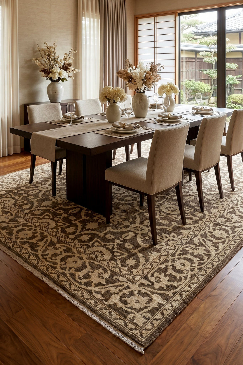 Dining room with a dark wooden table and beige chairs on a patterned rug.