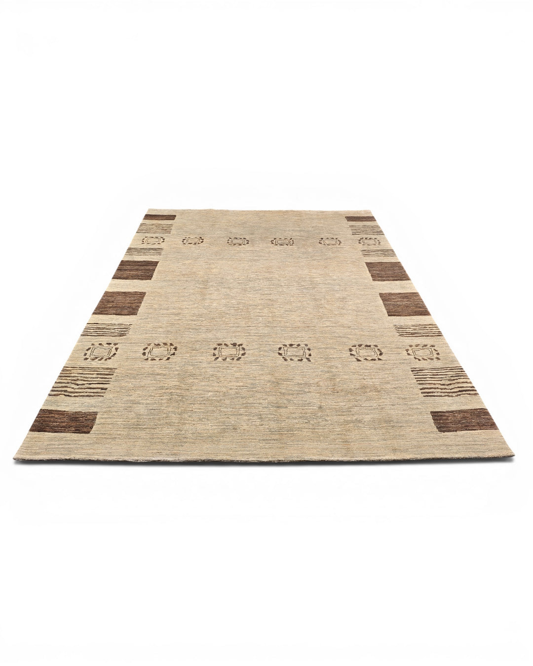 Natural Beige Tribal-Border Ghazni, Hand-Knotted Afghan Wool Rug