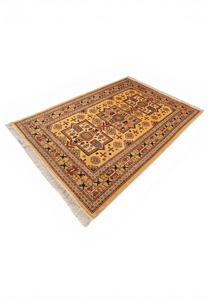 Gold Tribal Star Kazak Rug, Hand-Knotted Afghan Wool