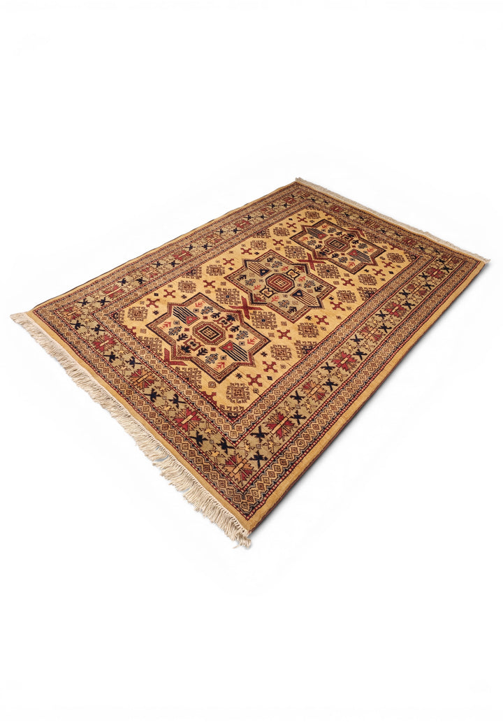 Gold Caucasian Star Kazak Rug, Hand-Knotted Afghan Wool