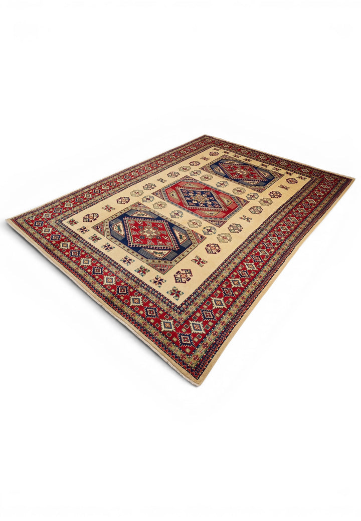 Ivory &amp; Red Kazak Medallion Rug, Hand-Knotted Afghani Sherwan