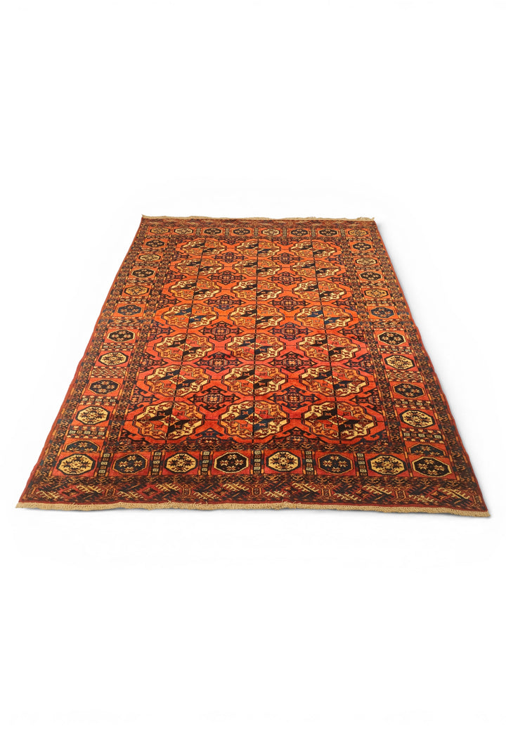 Burnt Orange Bokhara Gül Rug, Hand-Knotted Afghani Sherwan