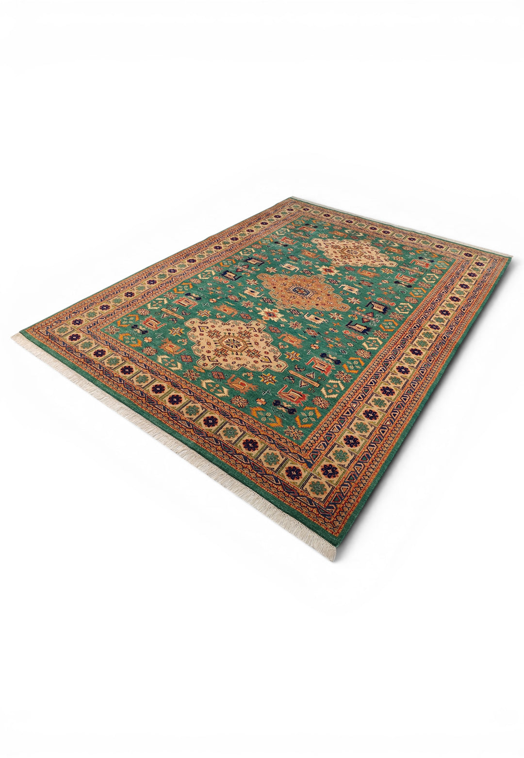 Green Tribal Medallion Rug, Hand-Knotted Afghani Sherwan