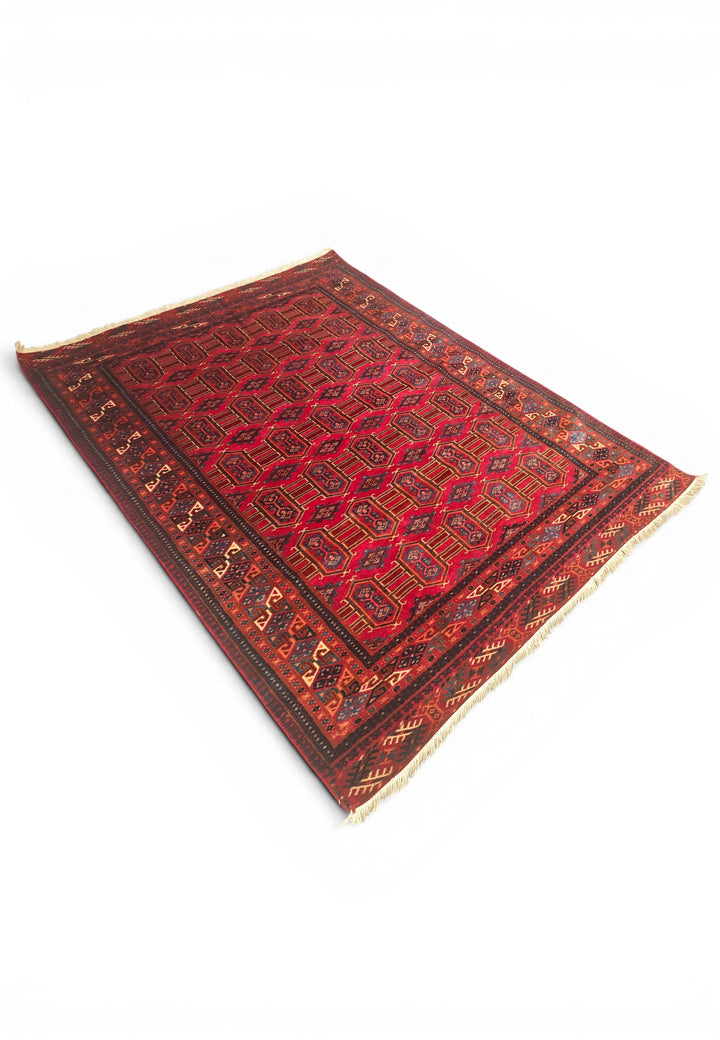 Deep Red Turkmen Panel Rug, Hand-Knotted Afghani Sherwan